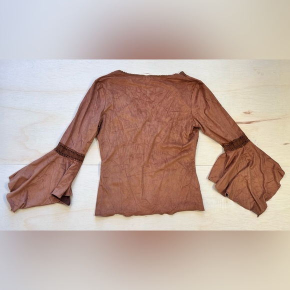 VTG Arden B Brown Faux Suede Boho Bell Flare Sleeve Lace Up Top Crochet size L - Picture 5 of 8